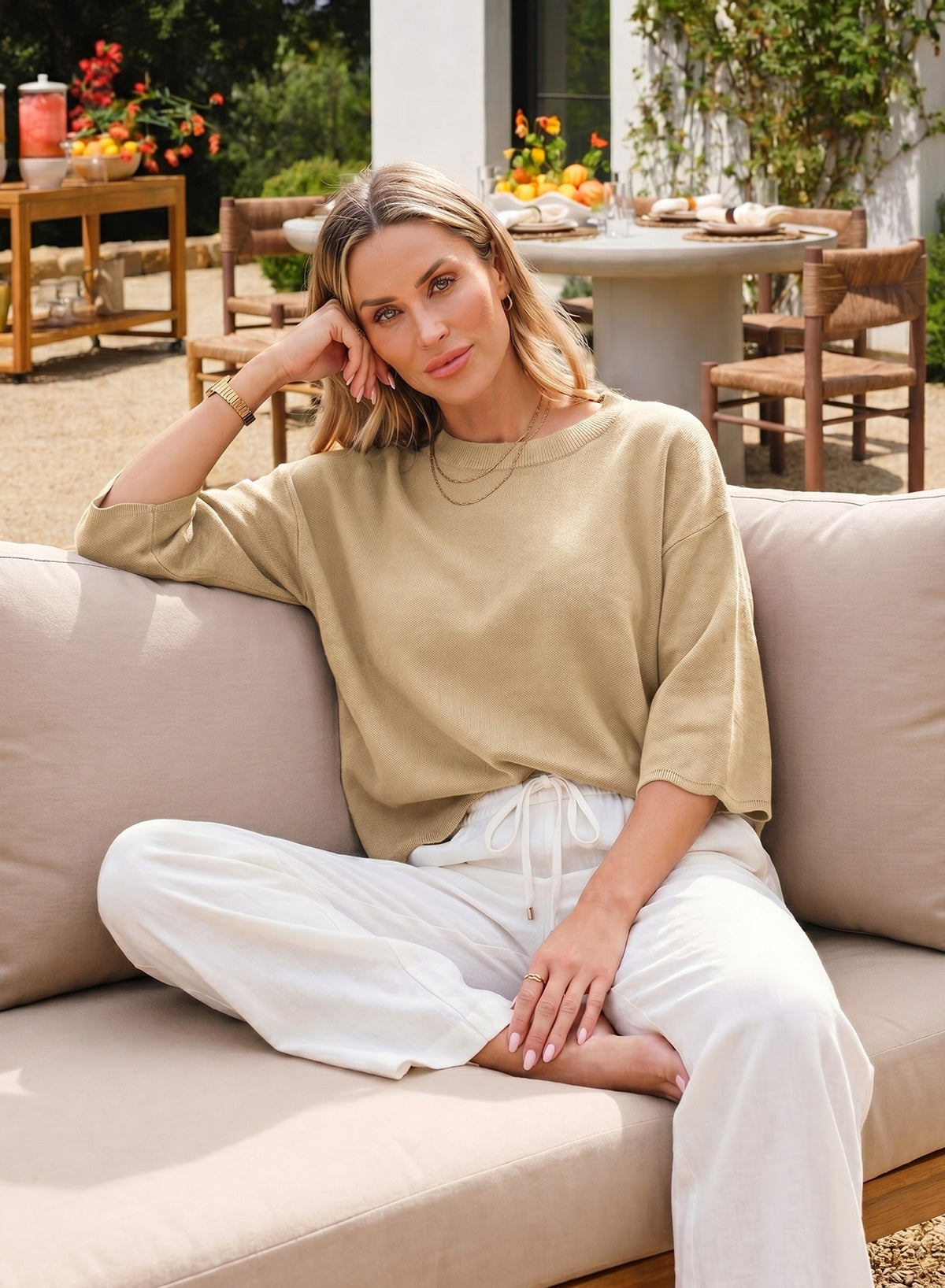Sweaters for Women 3/4 Sleeve Scalloped Hem Top