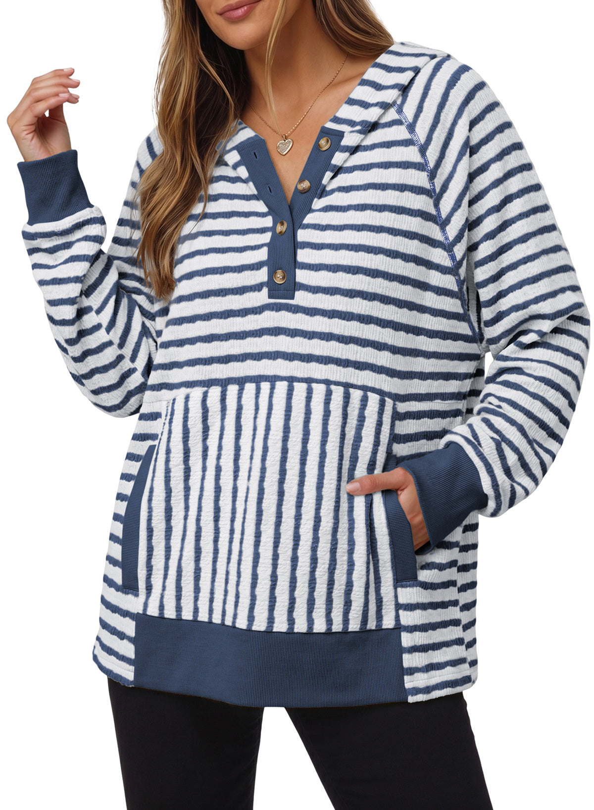 Dokotoo Women's Striped Hoodies V Neck Button Pullover Sweatshirt Tops