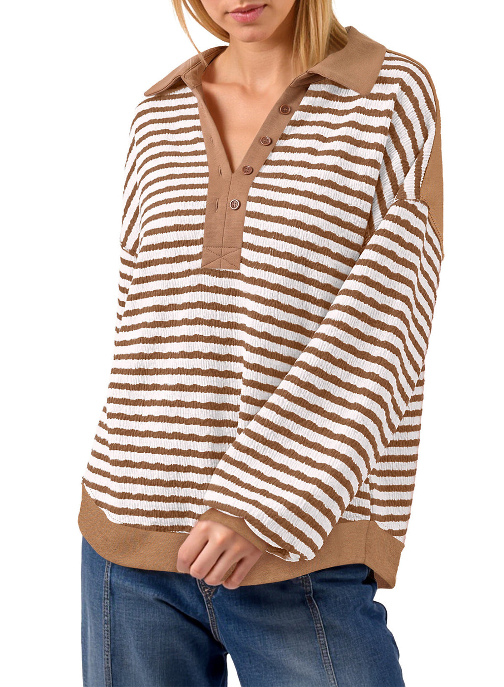 Dokotoo Oversized Henley Neck Sweatshirt for Women Striped Pullover Tops