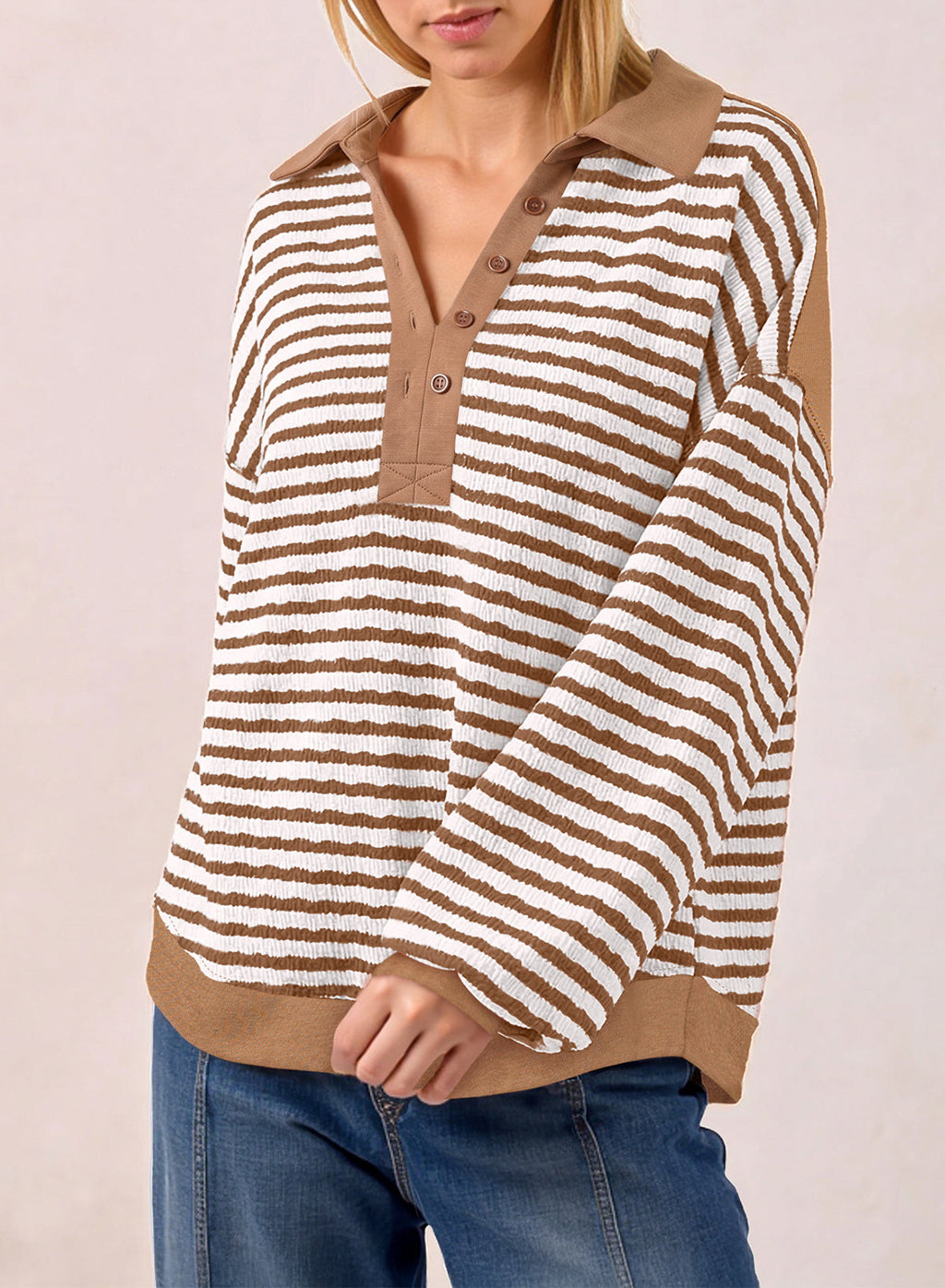 Dokotoo Oversized Henley Neck Sweatshirt for Women Striped Pullover Tops