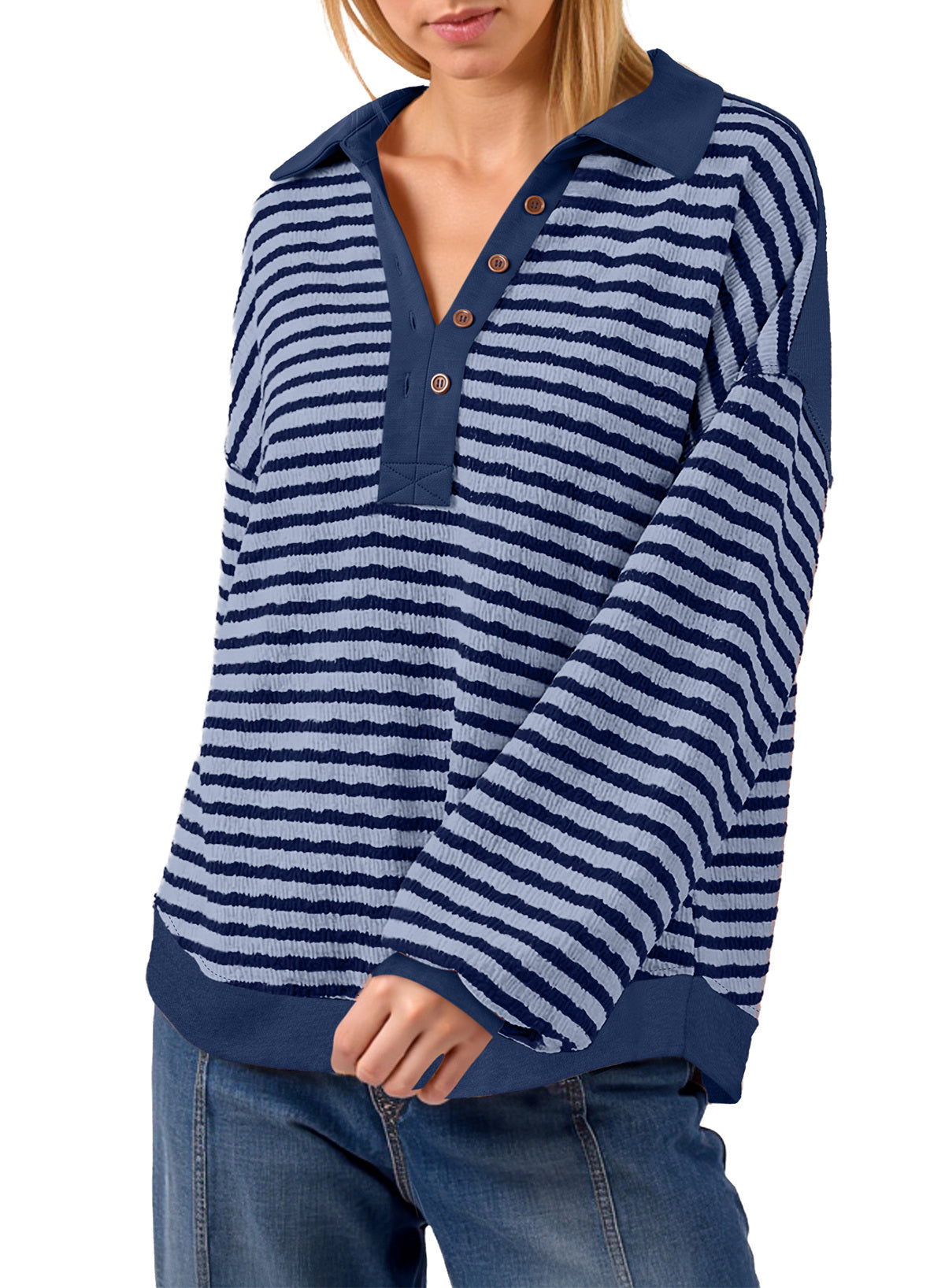 Dokotoo Oversized Henley Neck Sweatshirt for Women Striped Pullover Tops