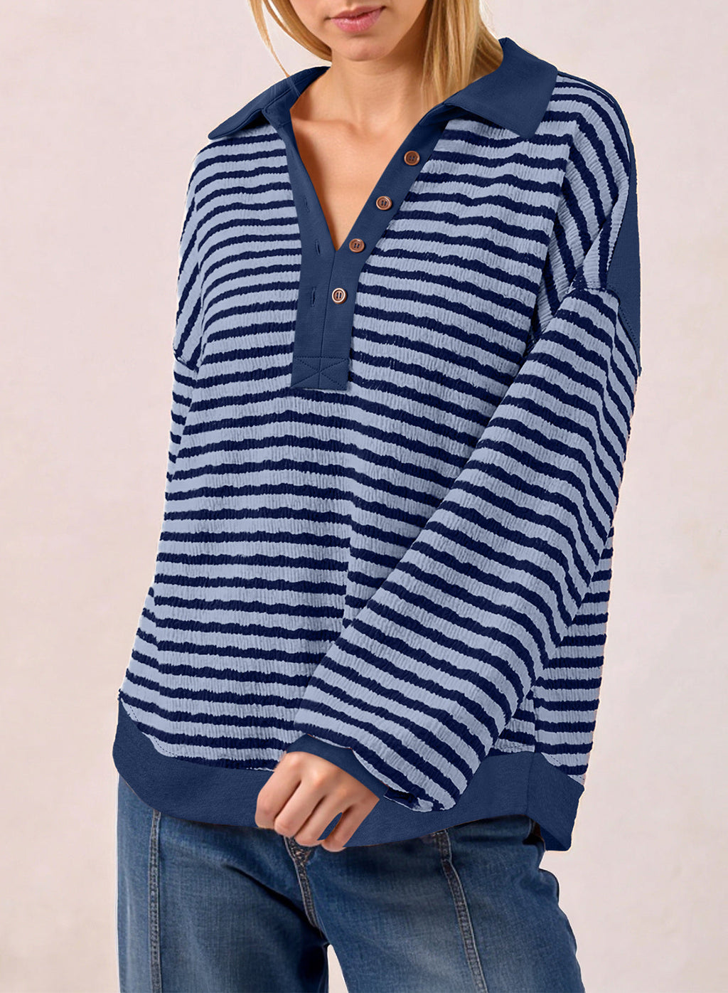 Dokotoo Oversized Henley Neck Sweatshirt for Women Striped Pullover Tops