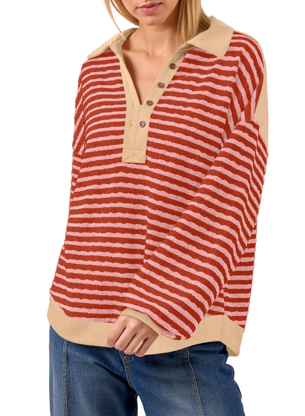 Dokotoo Oversized Henley Neck Sweatshirt for Women Striped Pullover Tops