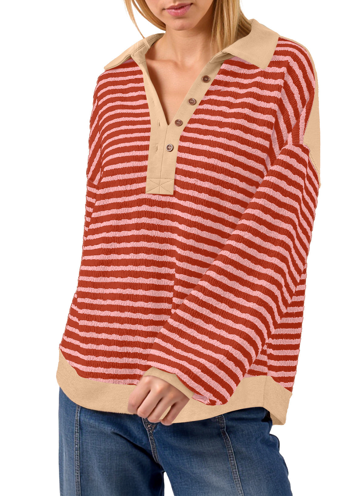 Dokotoo Oversized Henley Neck Sweatshirt for Women Striped Pullover Tops