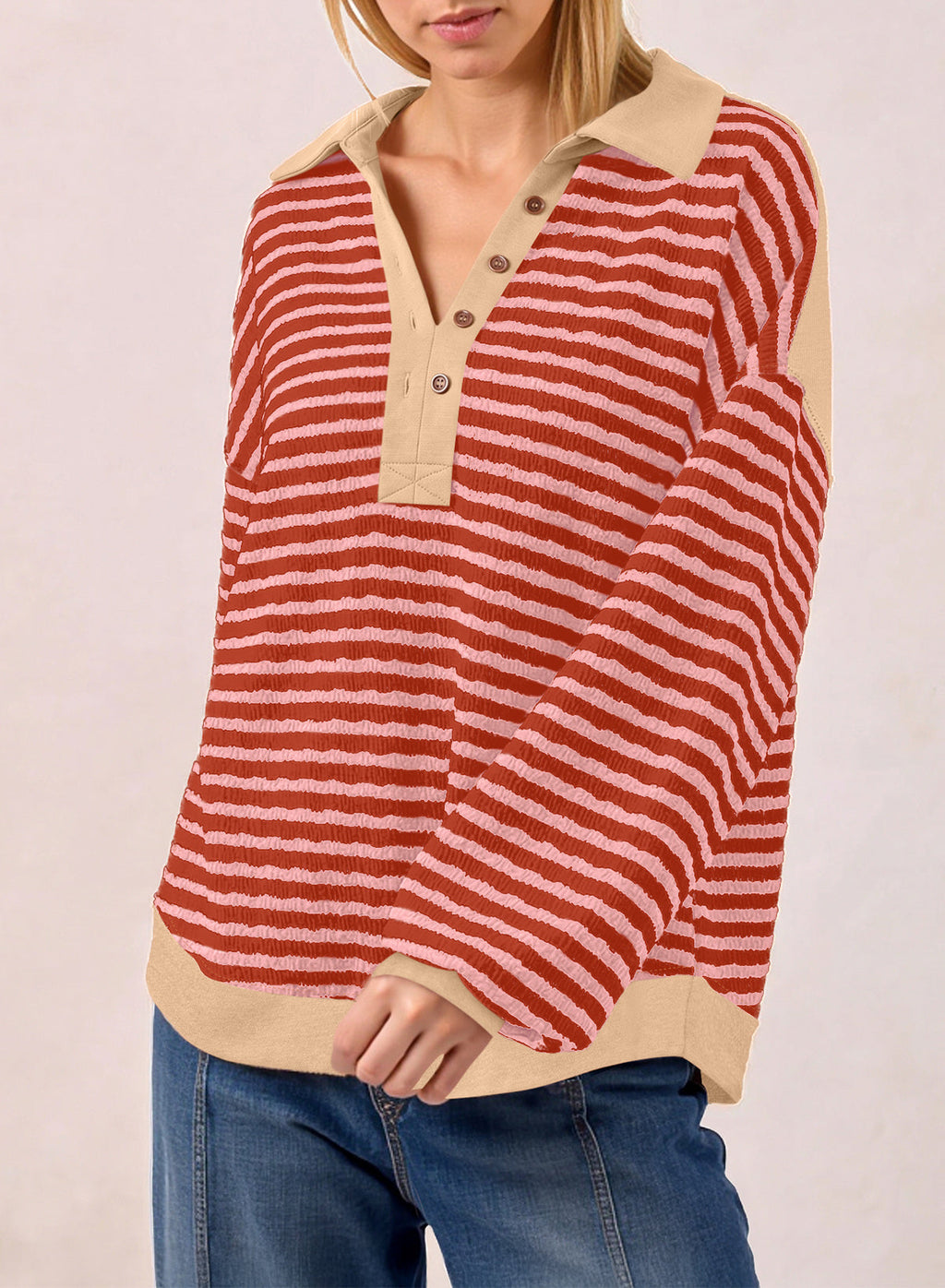 Dokotoo Oversized Henley Neck Sweatshirt for Women Striped Pullover Tops