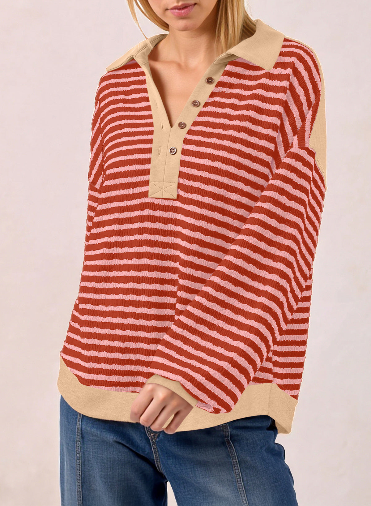 Dokotoo Oversized Henley Neck Sweatshirt for Women Striped Pullover Tops