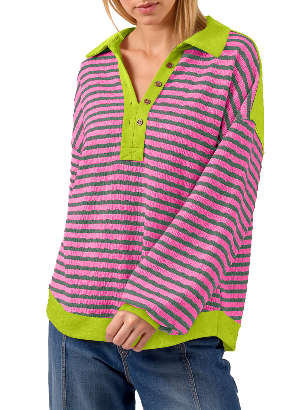 Dokotoo Oversized Henley Neck Sweatshirt for Women Striped Pullover Tops
