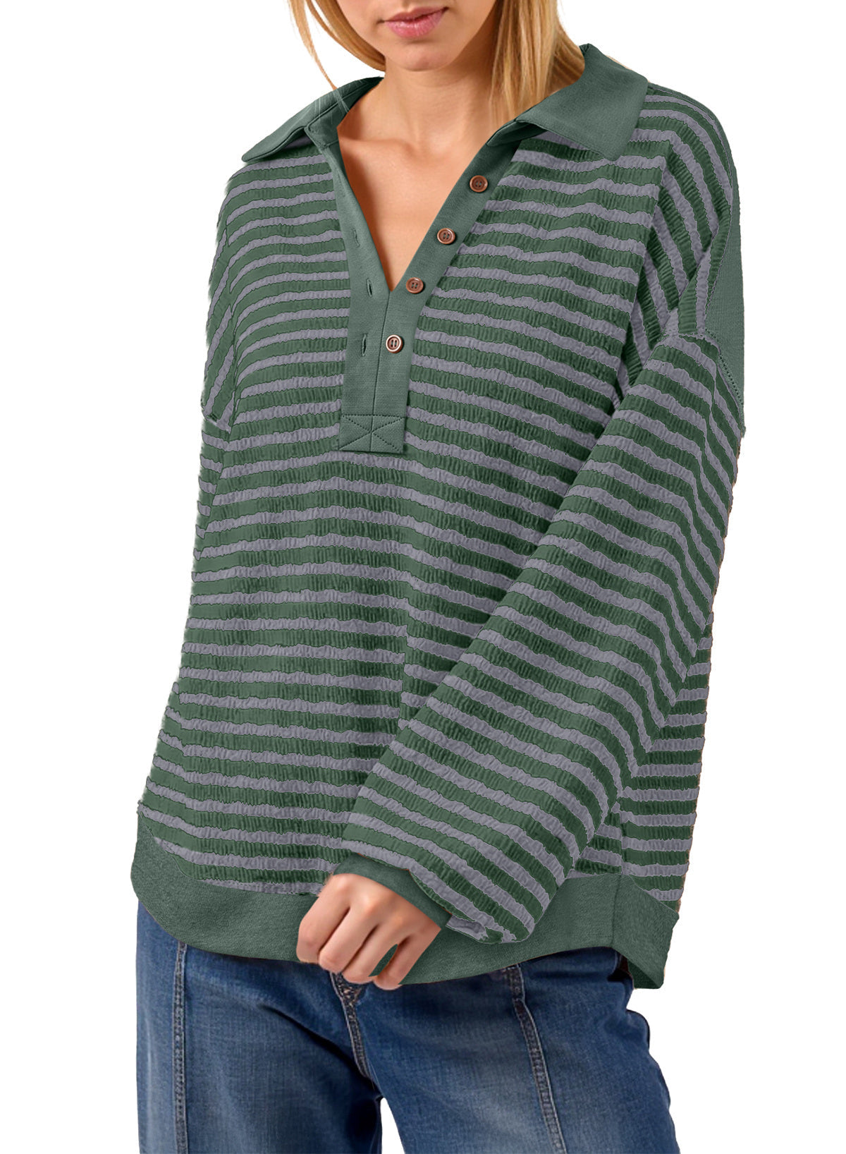 Dokotoo Oversized Henley Neck Sweatshirt for Women Striped Pullover Tops