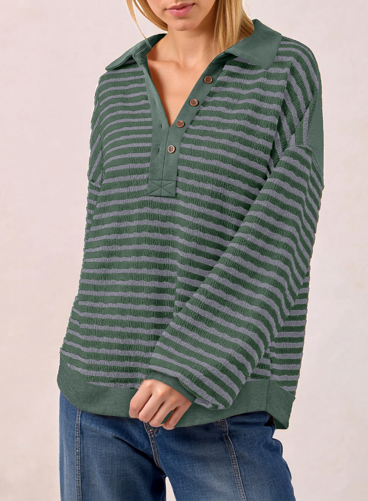 Dokotoo Oversized Henley Neck Sweatshirt for Women Striped Pullover Tops