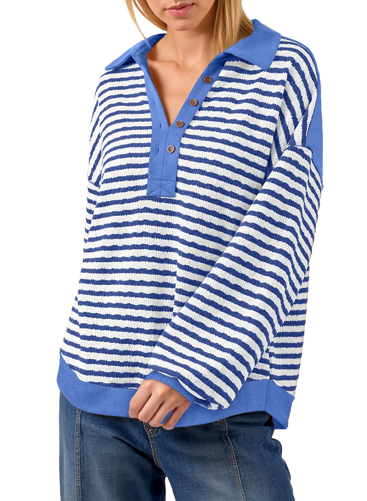 Dokotoo Oversized Henley Neck Sweatshirt for Women Striped Pullover Tops