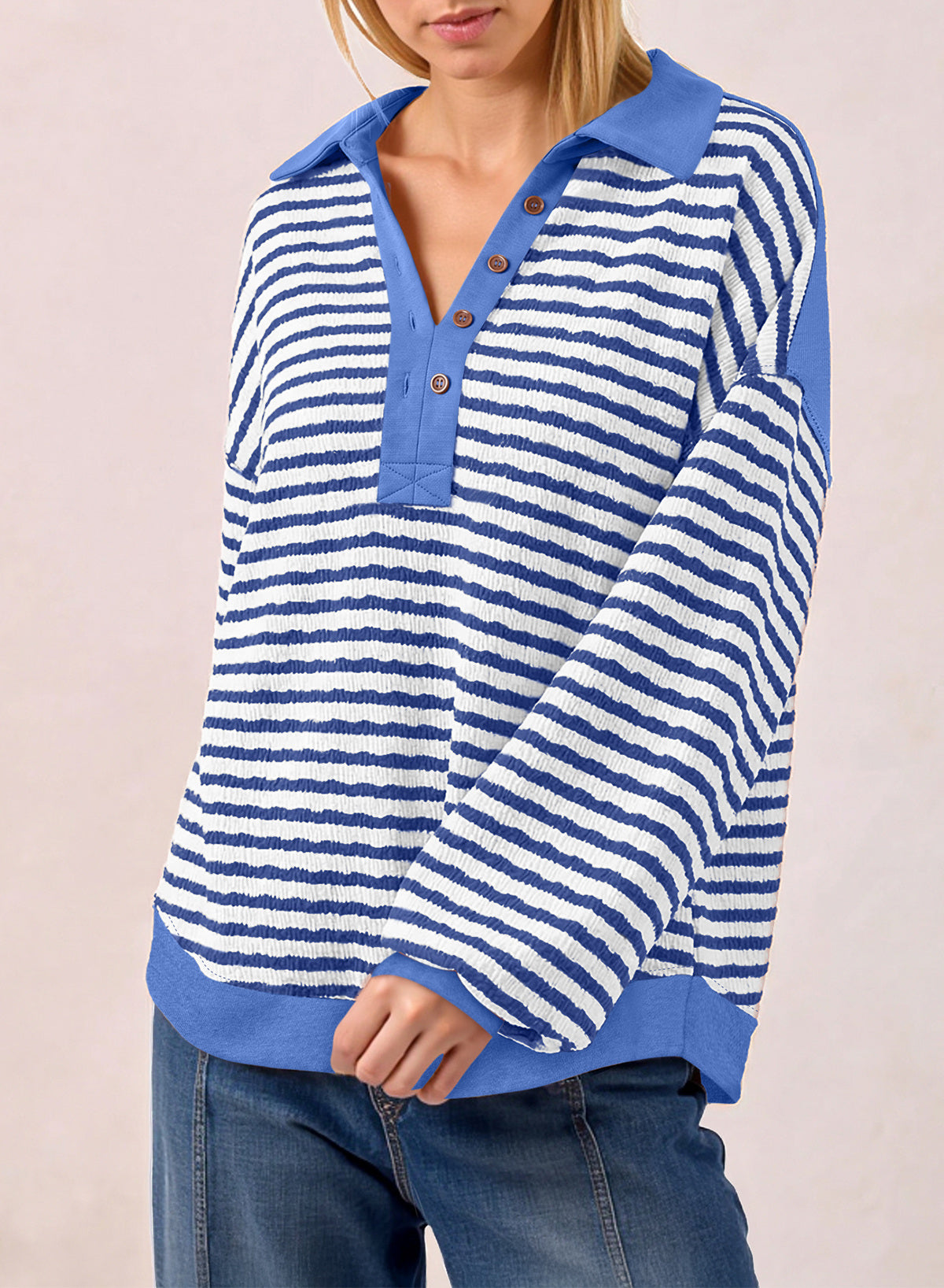 Dokotoo Oversized Henley Neck Sweatshirt for Women Striped Pullover Tops