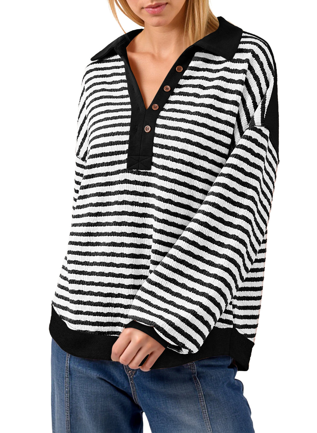 Dokotoo Oversized Henley Neck Sweatshirt for Women Striped Pullover Tops