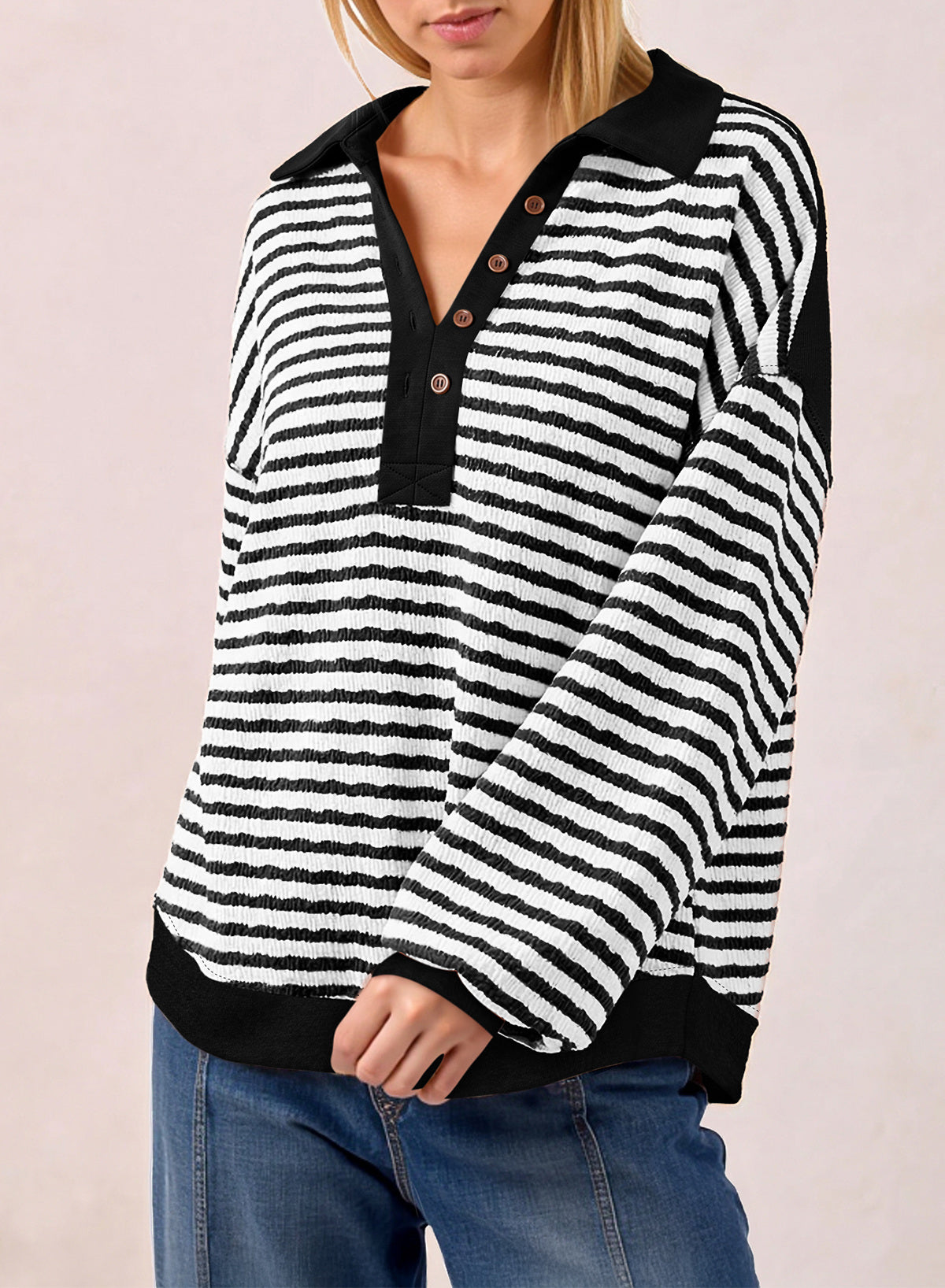 Dokotoo Oversized Henley Neck Sweatshirt for Women Striped Pullover Tops