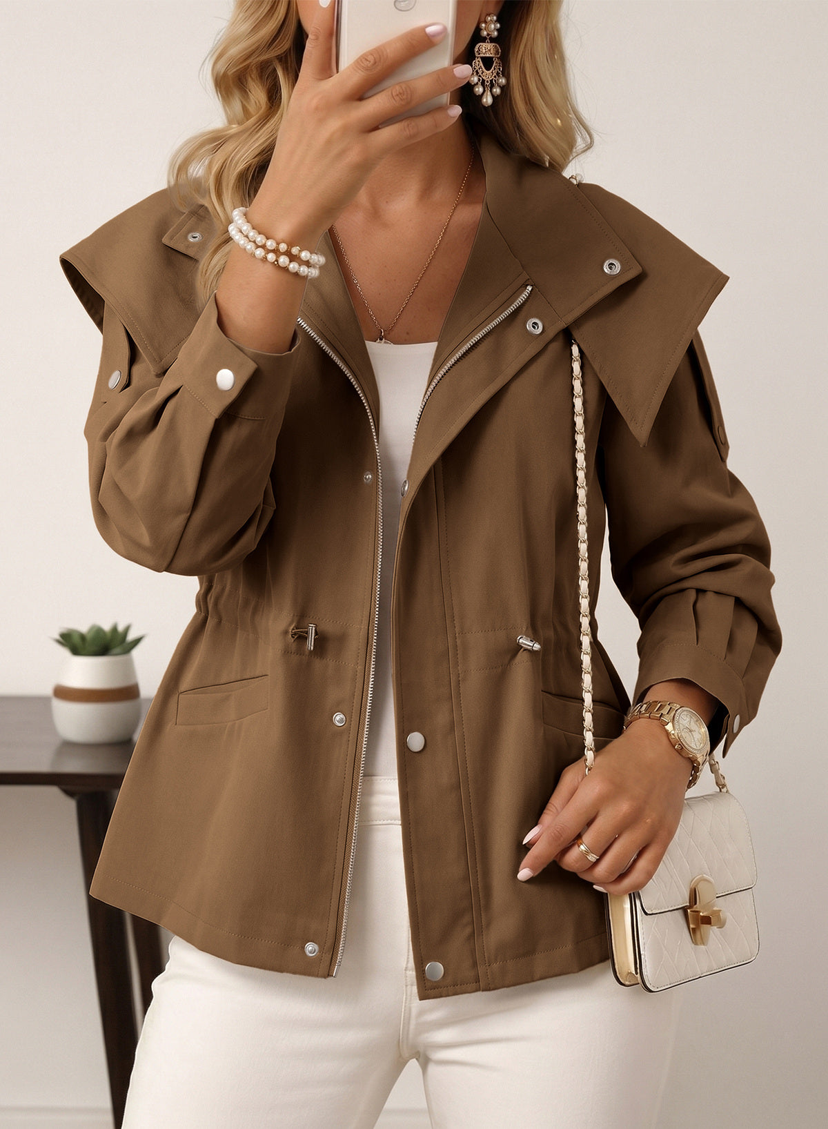 Dokotoo Women's Casual Drawstring Zip Hooded Trench Coat 2026 Outerwear Jacket