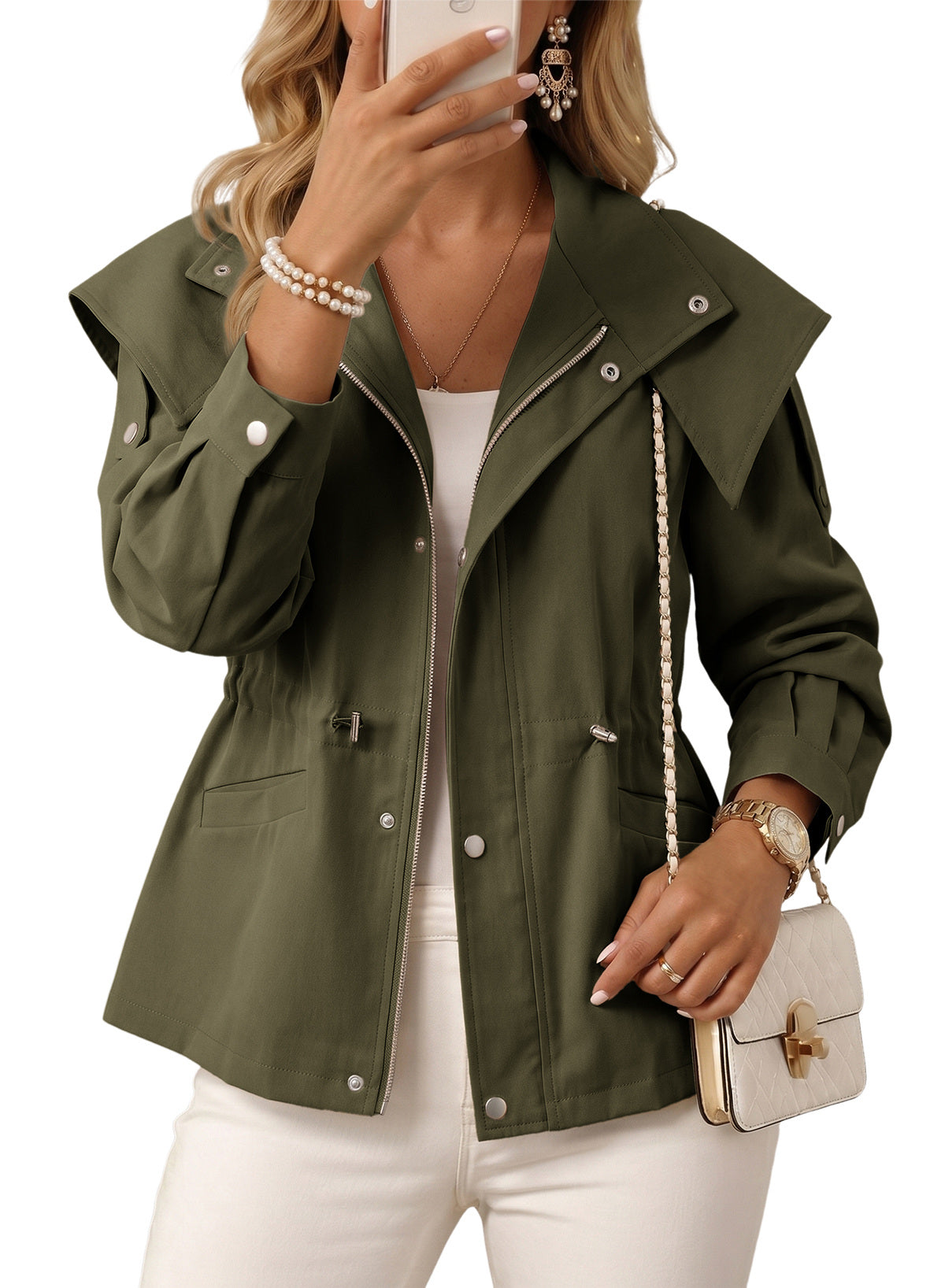 Dokotoo Women's Casual Drawstring Zip Hooded Trench Coat 2026 Outerwear Jacket