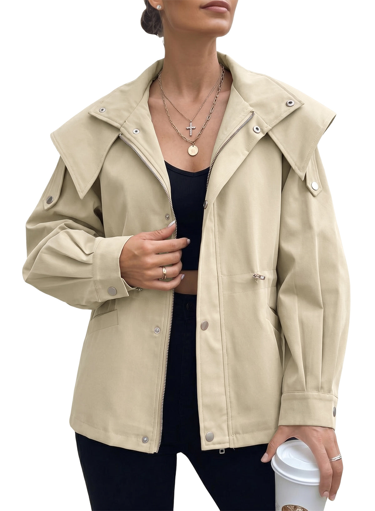 Dokotoo Women's Casual Drawstring Zip Hooded Trench Coat 2026 Outerwear Jacket