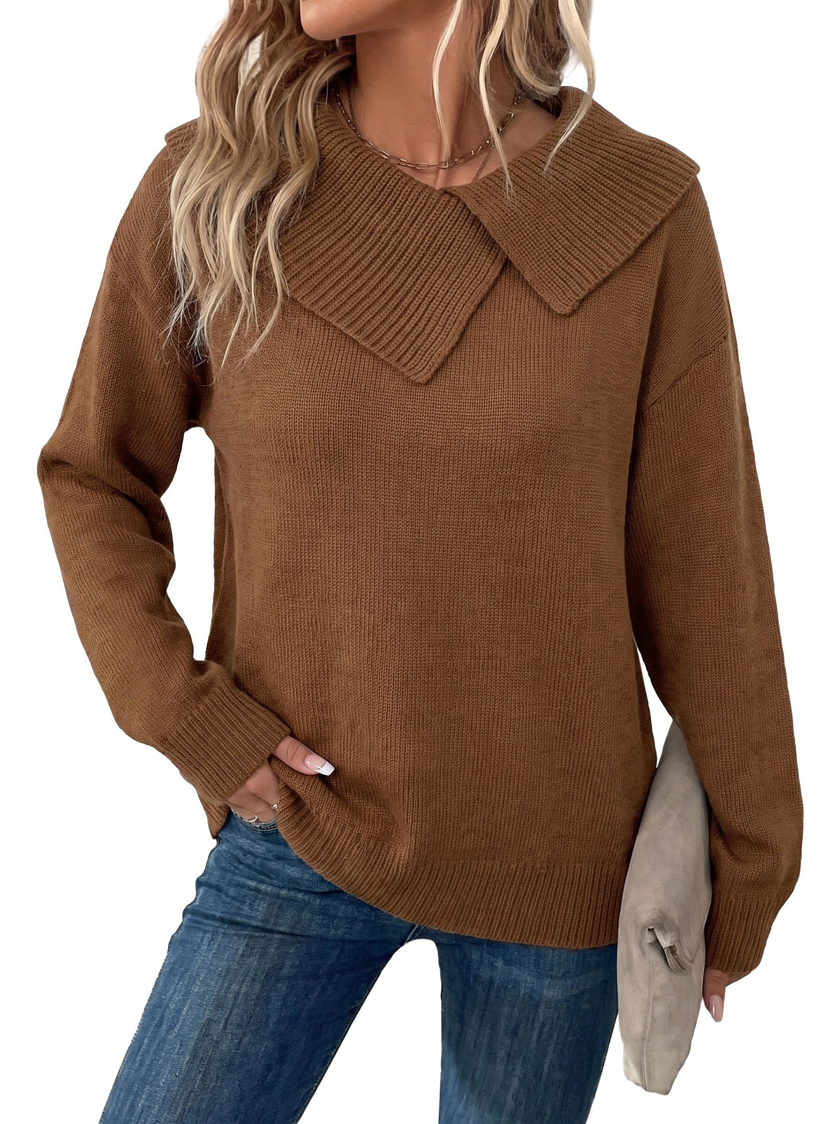 Asymmetrical Lapel Collar Pullover Sweater Tops