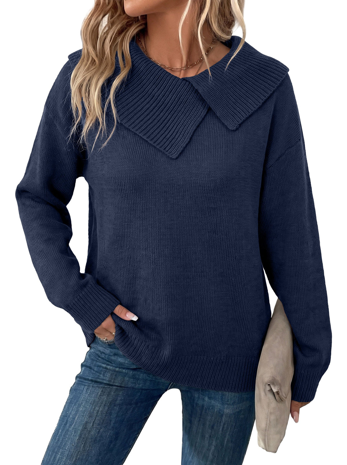 Asymmetrical Lapel Collar Pullover Sweater Tops