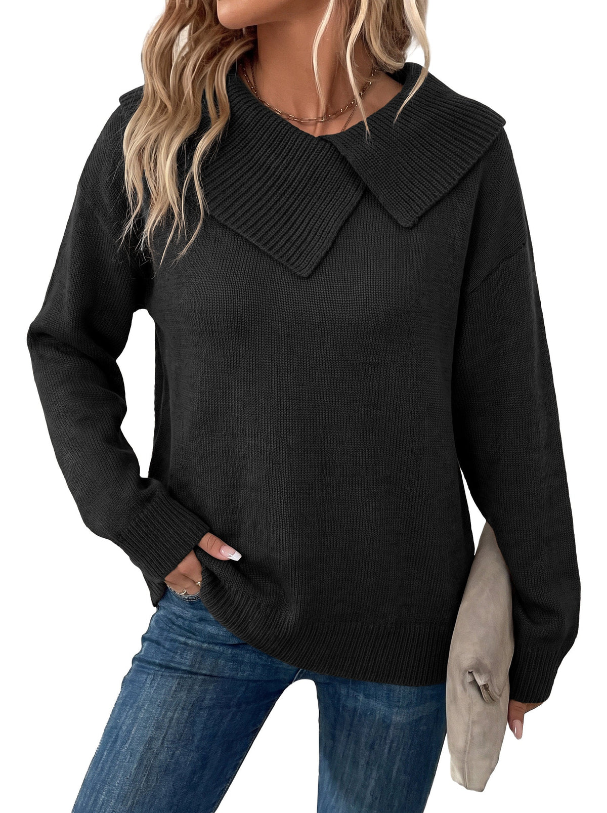 Asymmetrical Lapel Collar Pullover Sweater Tops
