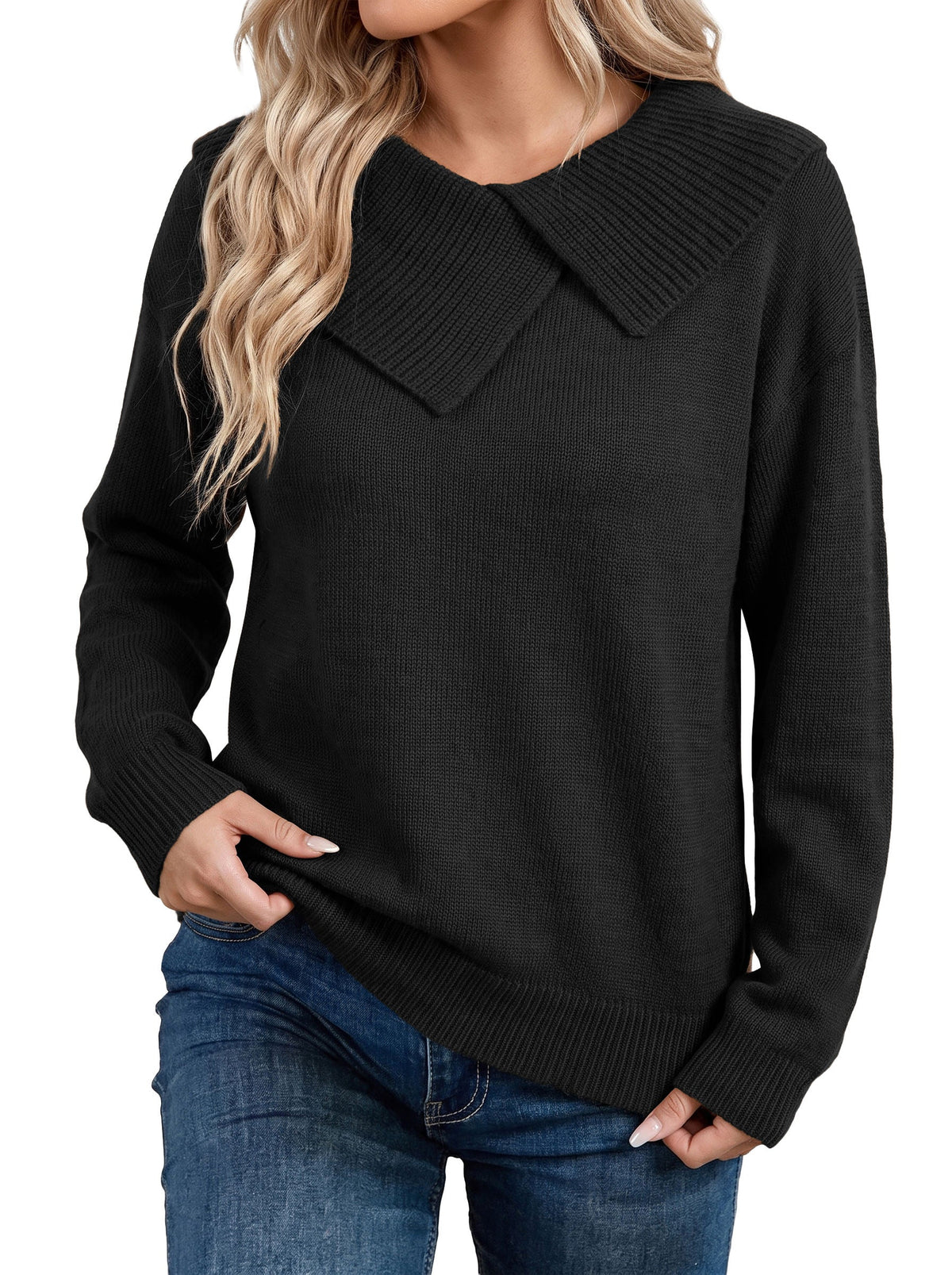 Asymmetrical Lapel Collar Pullover Sweater Tops