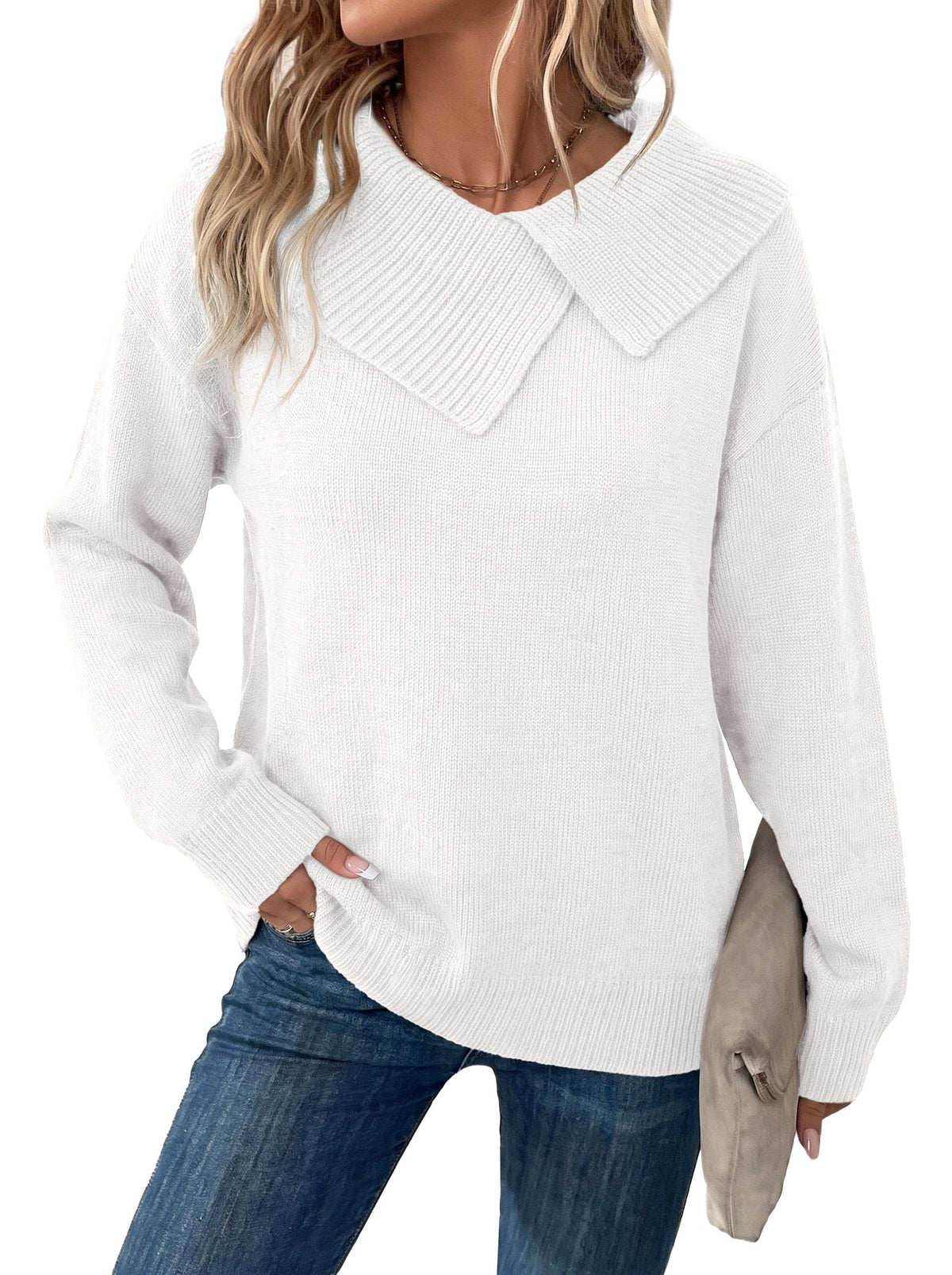 Asymmetrical Lapel Collar Pullover Sweater Tops