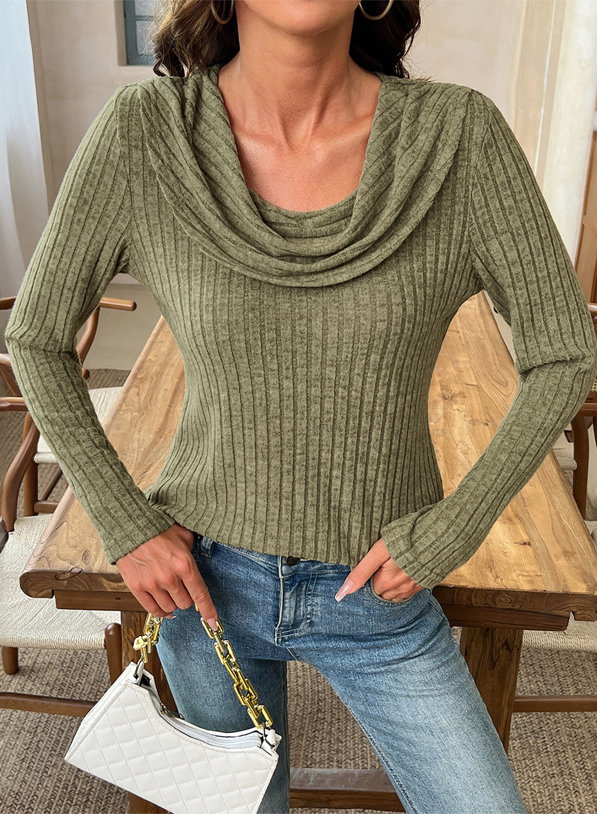 Solid Color Ribbed Knit Cowl Neck Sweater