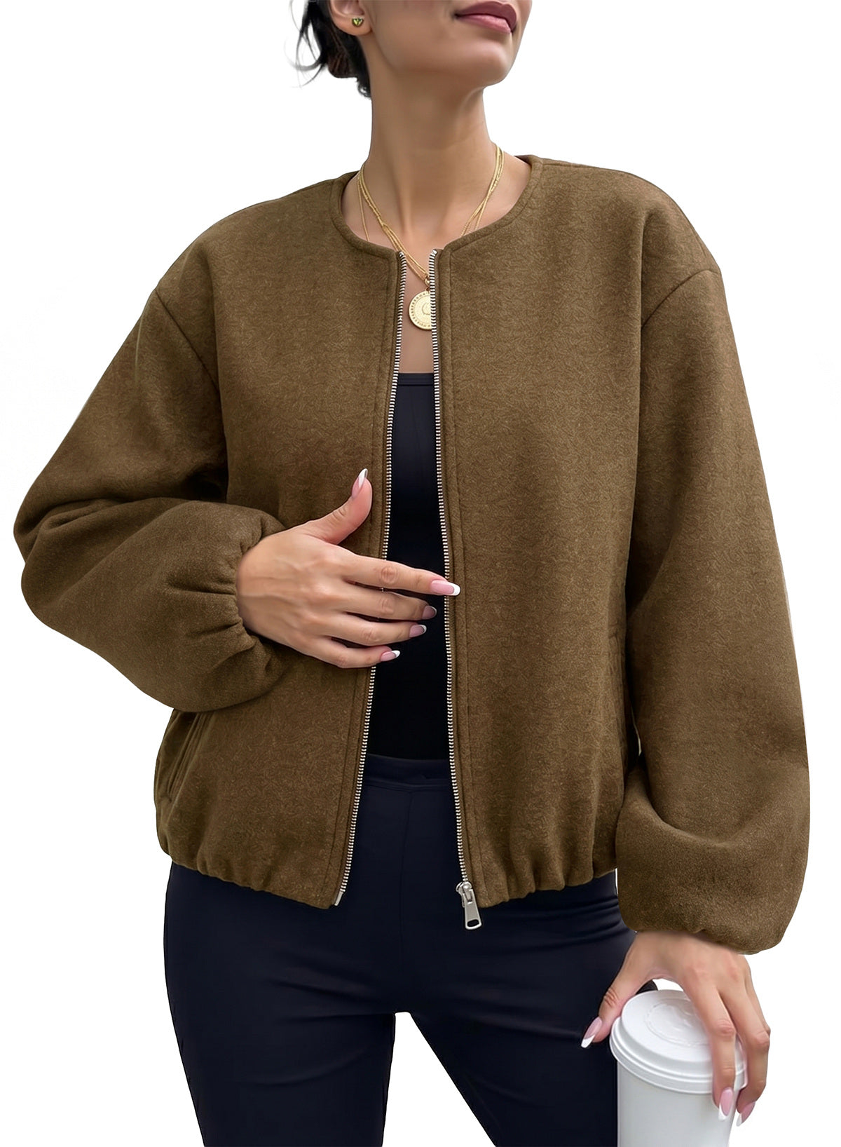 Bomber Jacket for Women Trendy Long Sleeve Coat with Pockets