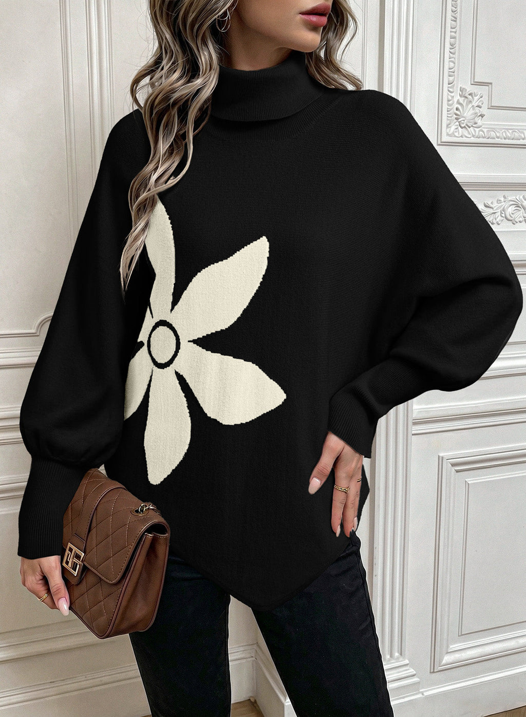 Dokotoo Sweaters for Women Oversized Turtleneck Floral Pullover Sweater