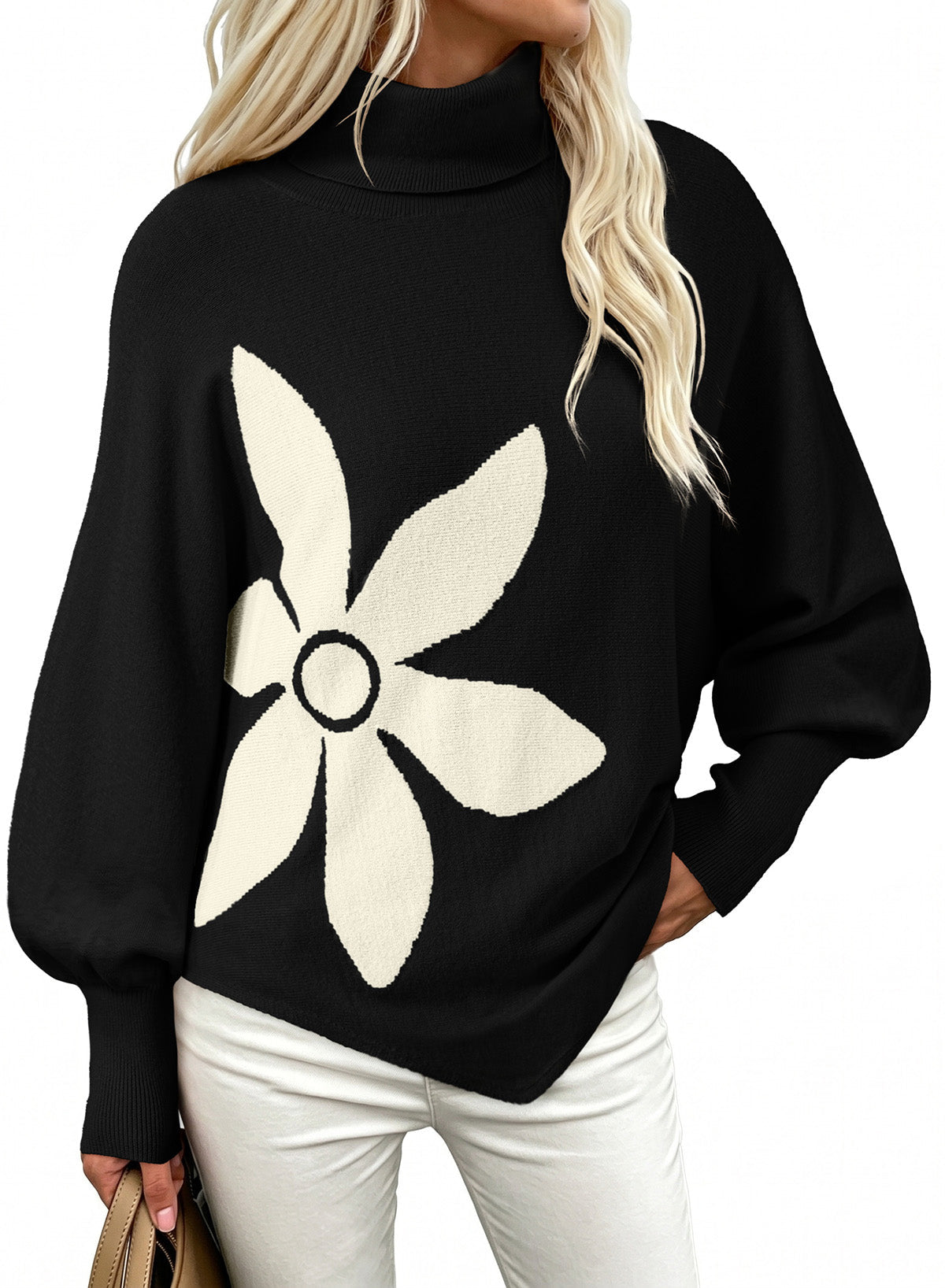 Dokotoo Sweaters for Women Oversized Turtleneck Floral Pullover Sweater