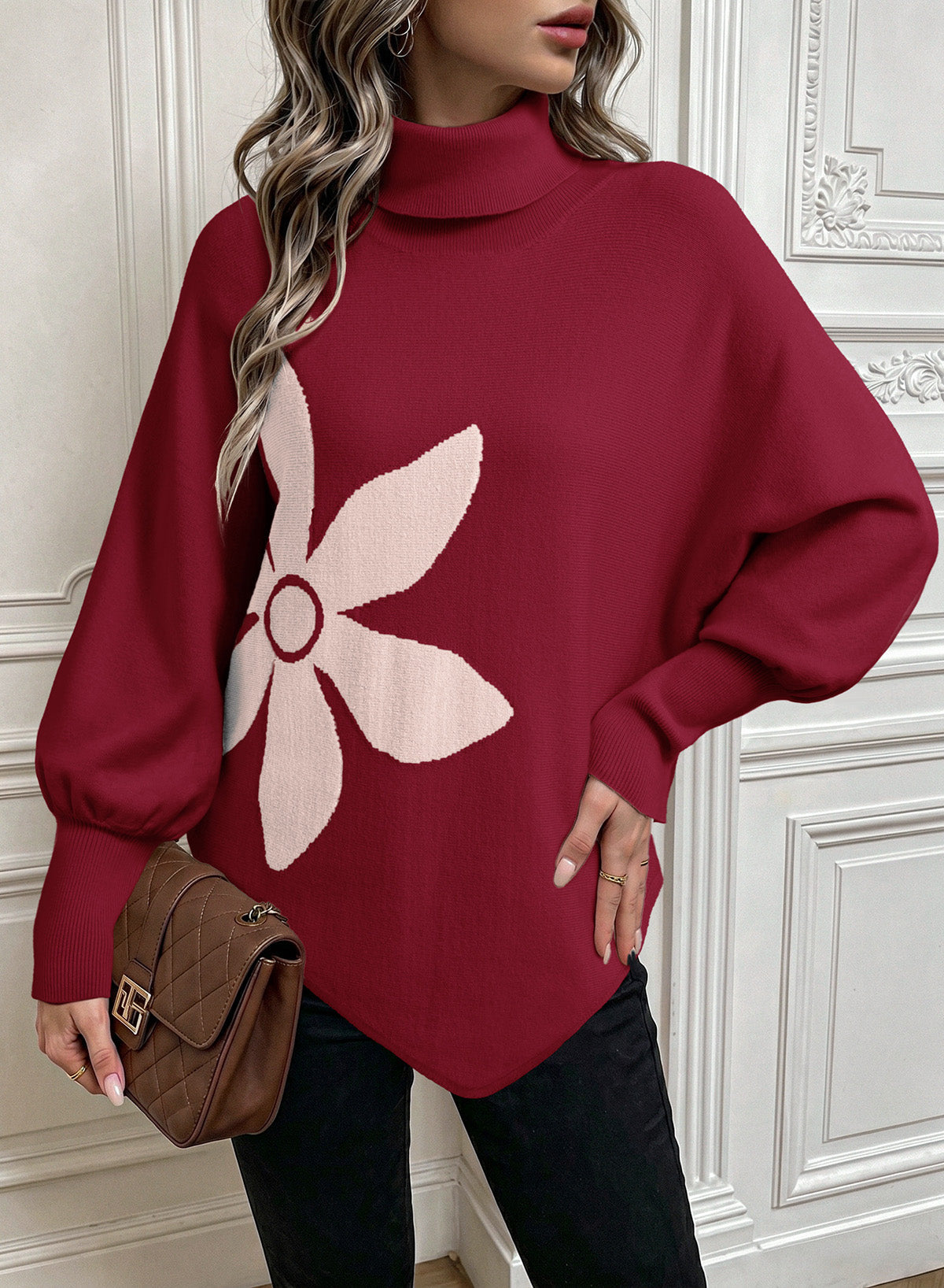 Dokotoo Sweaters for Women Oversized Turtleneck Floral Pullover Sweater