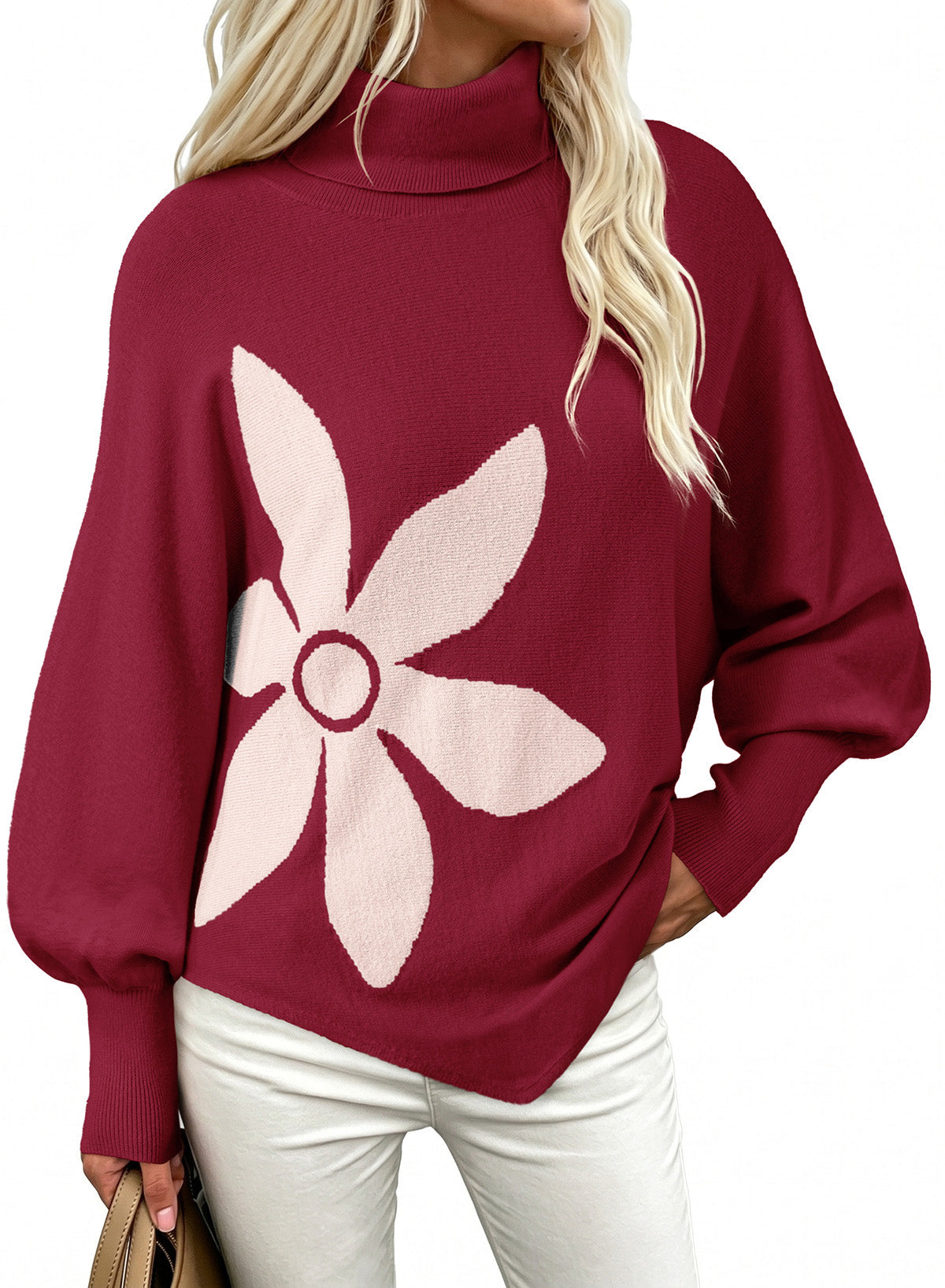 Dokotoo Sweaters for Women Oversized Turtleneck Floral Pullover Sweater