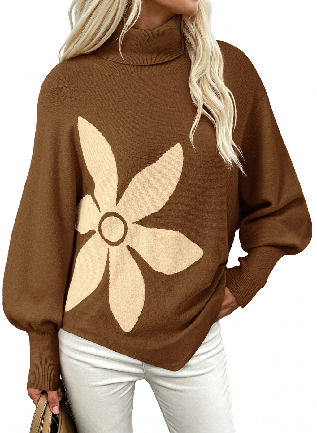 Dokotoo Sweaters for Women Oversized Turtleneck Floral Pullover Sweater