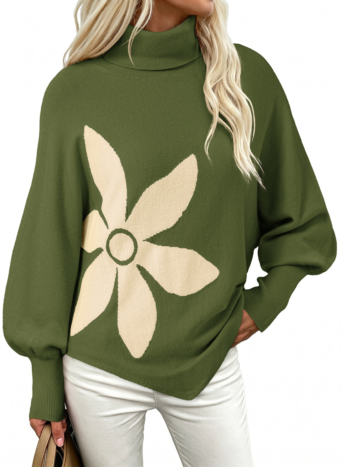 Dokotoo Sweaters for Women Oversized Turtleneck Floral Pullover Sweater