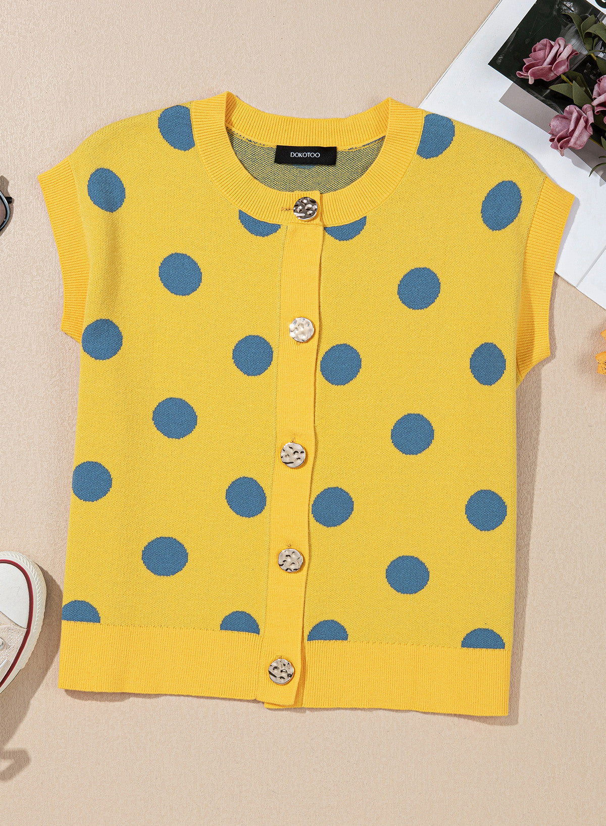 Relaxed Polka Dot Print Decorated Button Sweater Vest