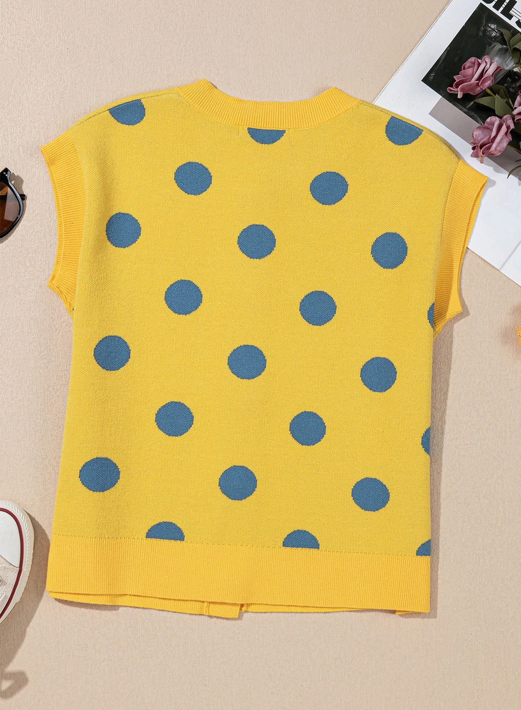 Relaxed Polka Dot Print Decorated Button Sweater Vest