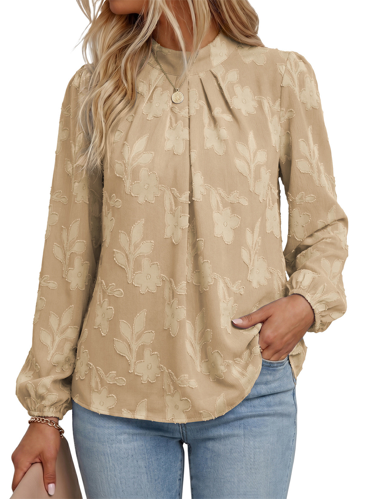 Dokotoo Womens Tops Mock Neck Pleated Floral Burnout Long Sleeve Shirts
