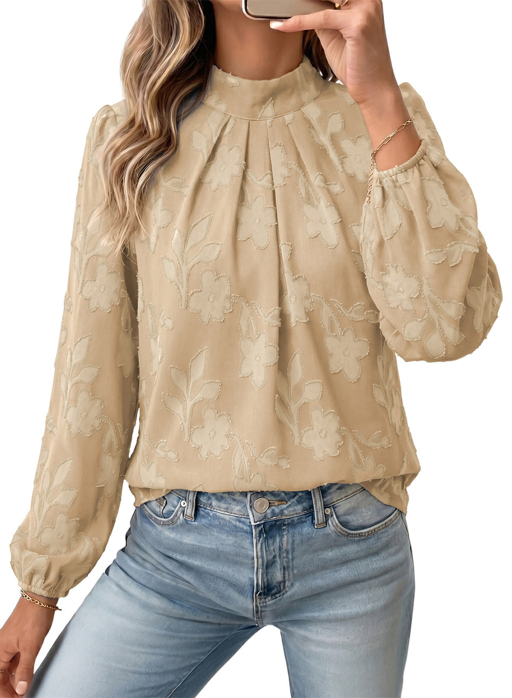 Dokotoo Womens Tops Mock Neck Pleated Floral Burnout Long Sleeve Shirts