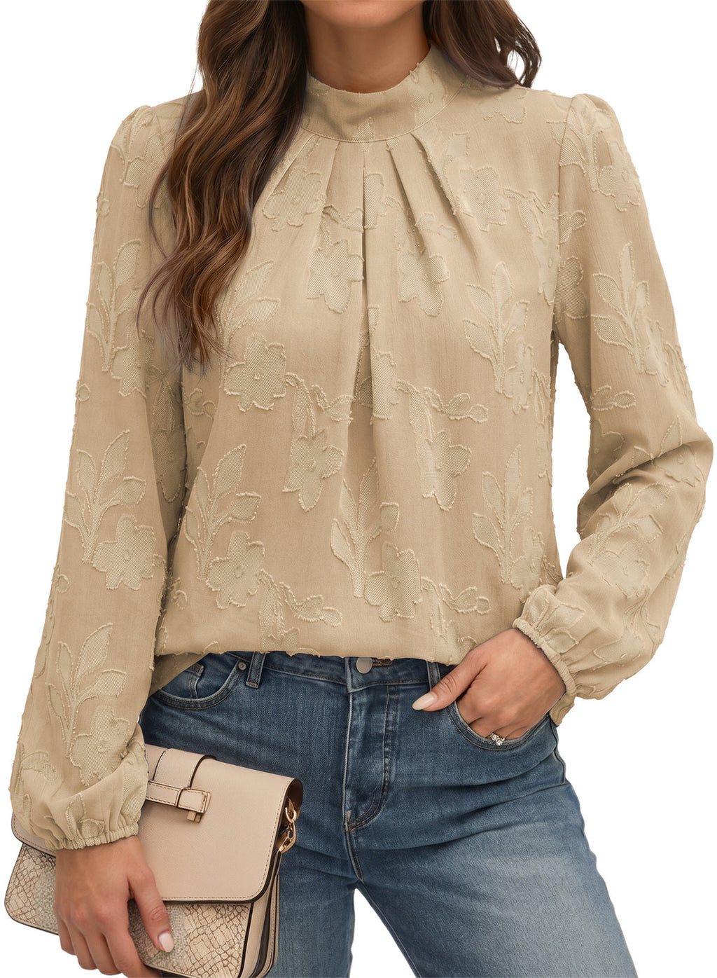 Dokotoo Womens Tops Mock Neck Pleated Floral Burnout Long Sleeve Shirts
