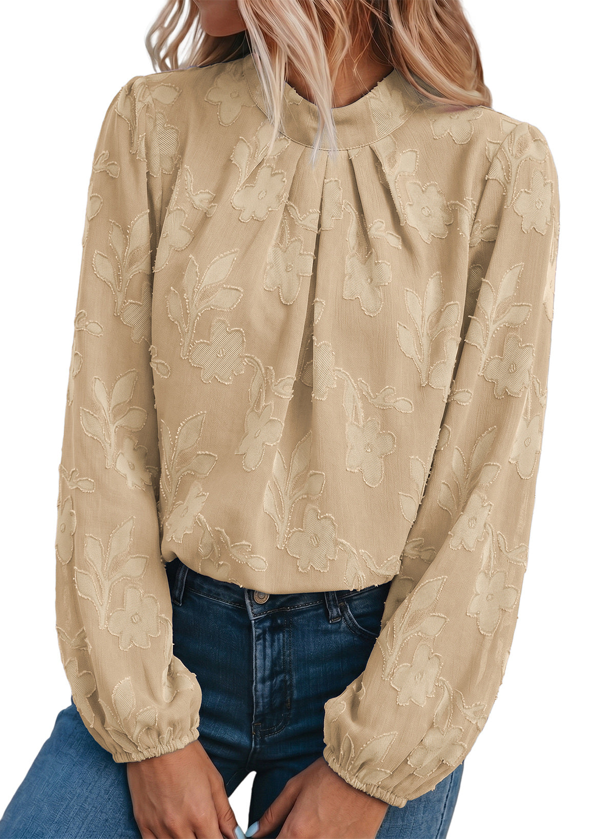 Dokotoo Womens Tops Mock Neck Pleated Floral Burnout Long Sleeve Shirts
