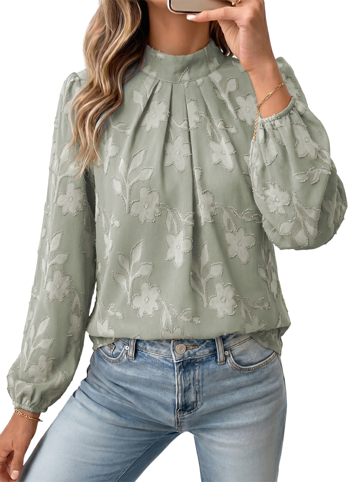 Dokotoo Womens Tops Mock Neck Pleated Floral Burnout Long Sleeve Shirts
