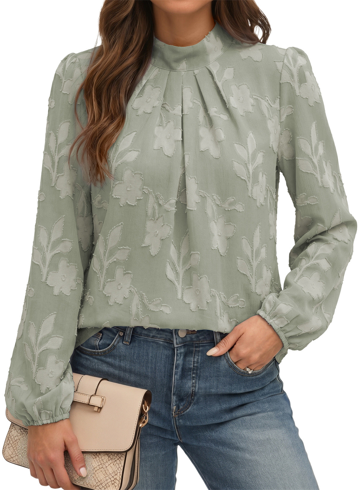 Dokotoo Womens Tops Mock Neck Pleated Floral Burnout Long Sleeve Shirts