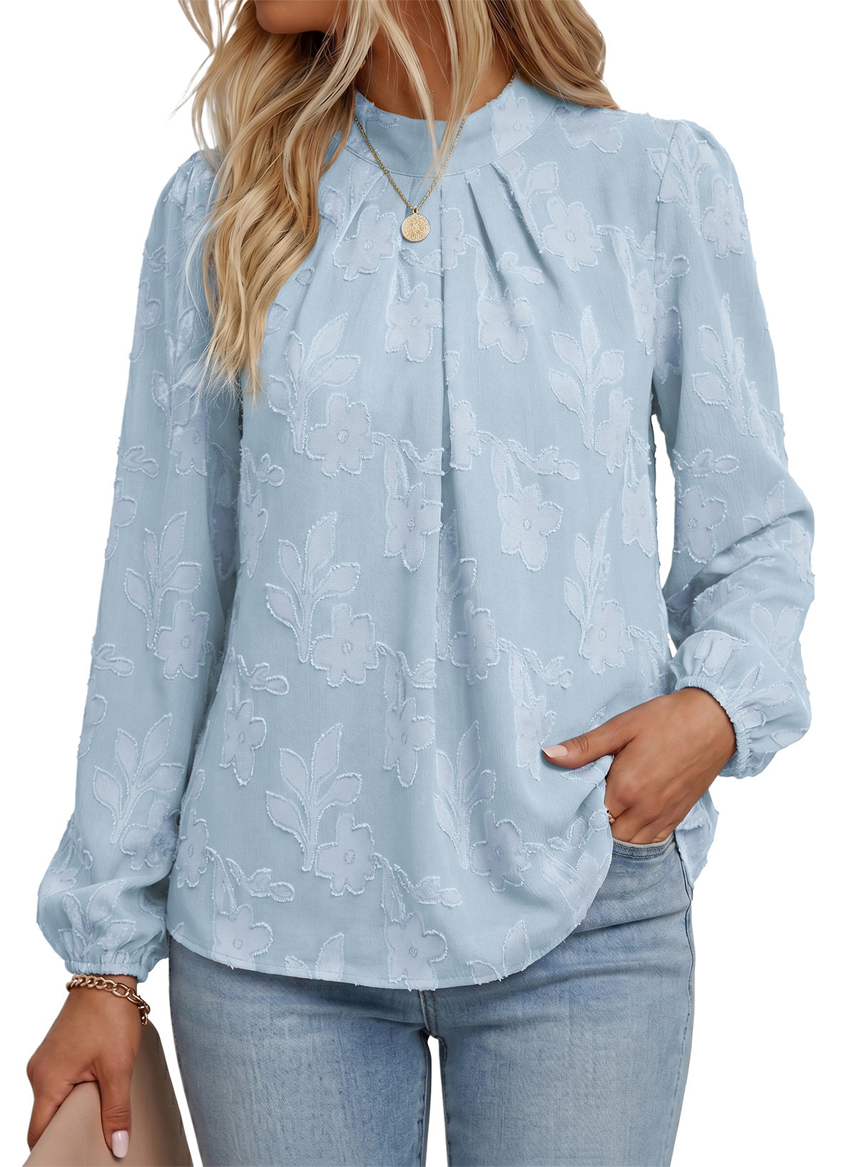 Dokotoo Womens Tops Mock Neck Pleated Floral Burnout Long Sleeve Shirts