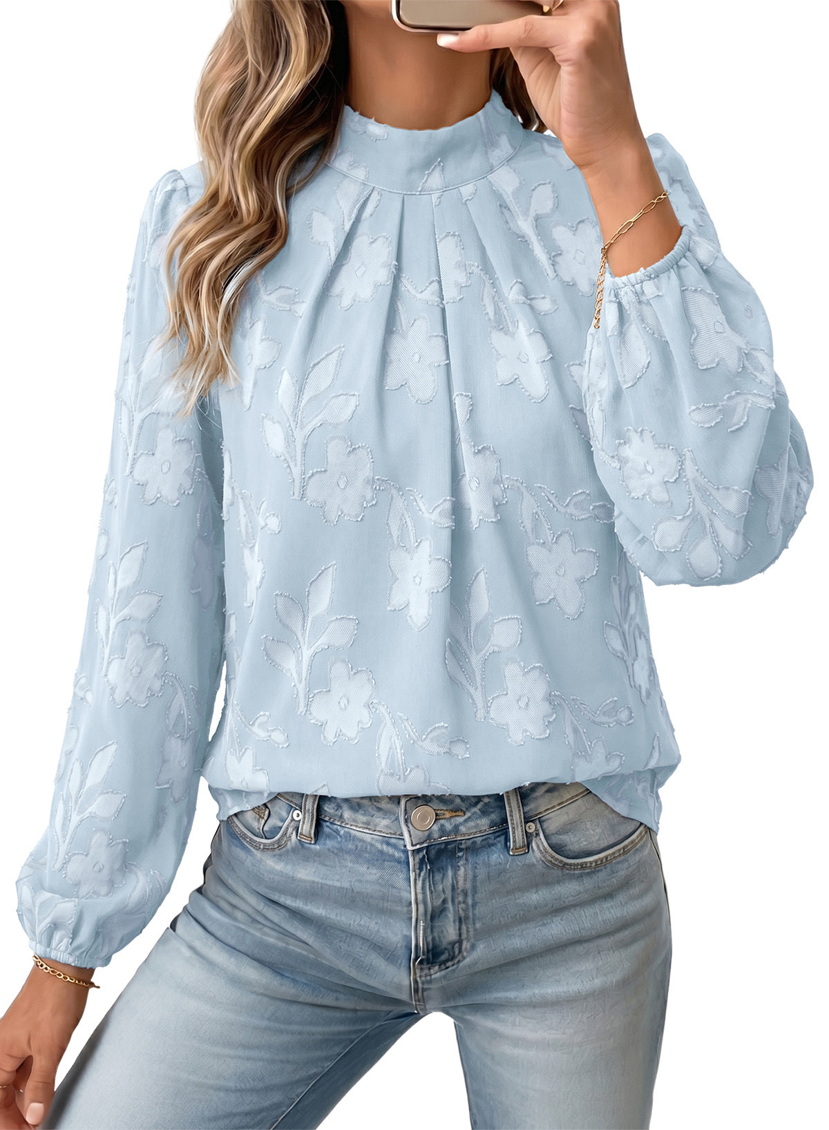 Dokotoo Womens Tops Mock Neck Pleated Floral Burnout Long Sleeve Shirts