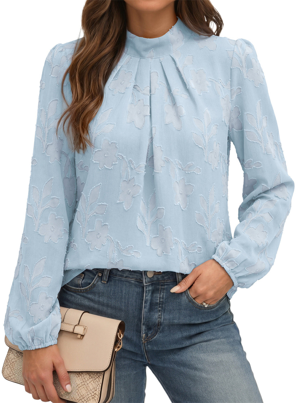 Dokotoo Womens Tops Mock Neck Pleated Floral Burnout Long Sleeve Shirts