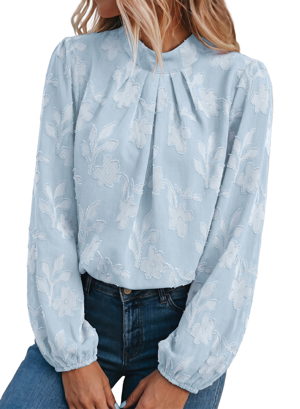 Dokotoo Womens Tops Mock Neck Pleated Floral Burnout Long Sleeve Shirts