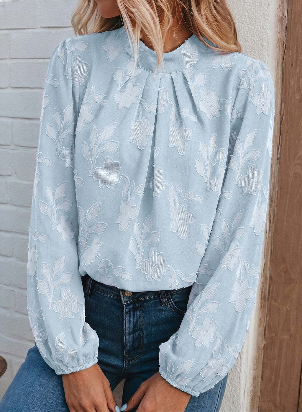Dokotoo Womens Tops Mock Neck Pleated Floral Burnout Long Sleeve Shirts