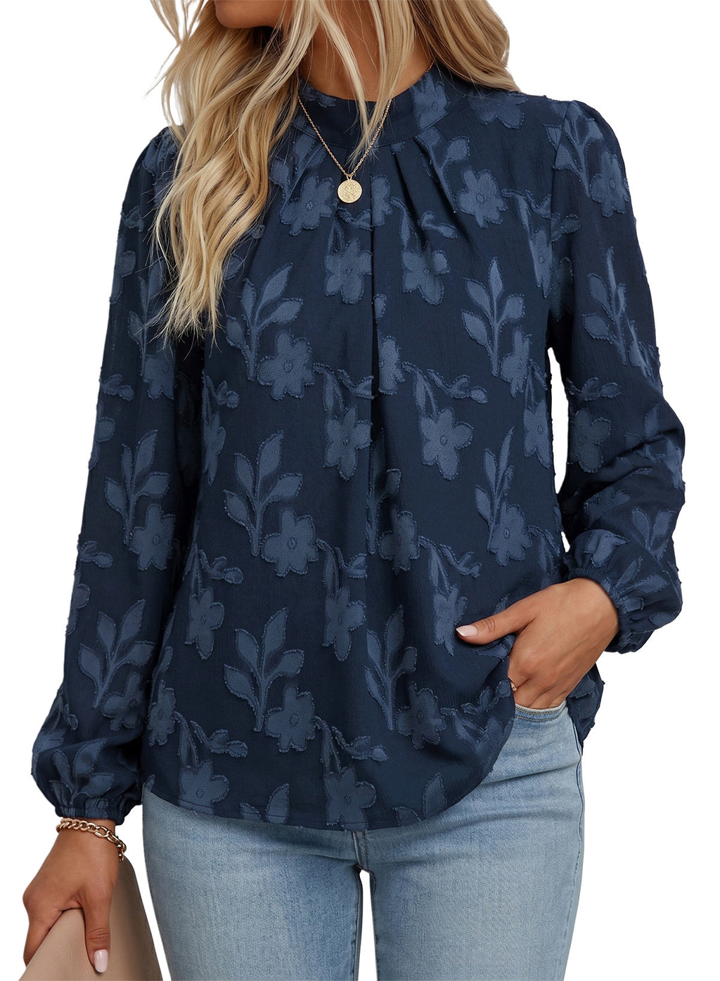 Dokotoo Womens Tops Mock Neck Pleated Floral Burnout Long Sleeve Shirts