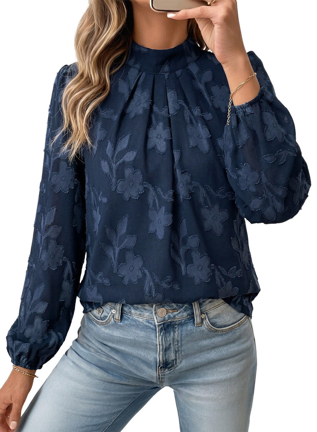 Dokotoo Womens Tops Mock Neck Pleated Floral Burnout Long Sleeve Shirts