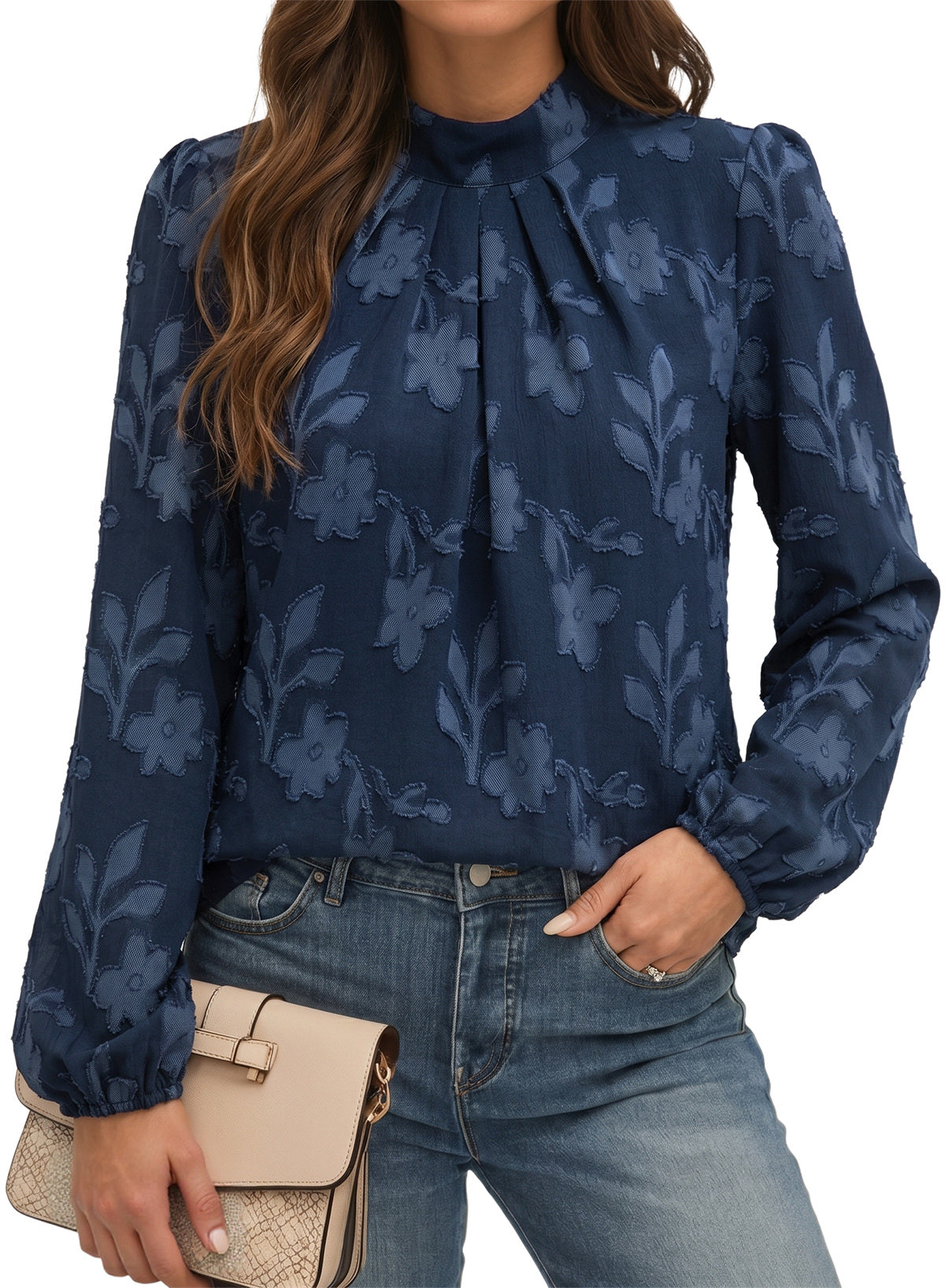 Dokotoo Womens Tops Mock Neck Pleated Floral Burnout Long Sleeve Shirts