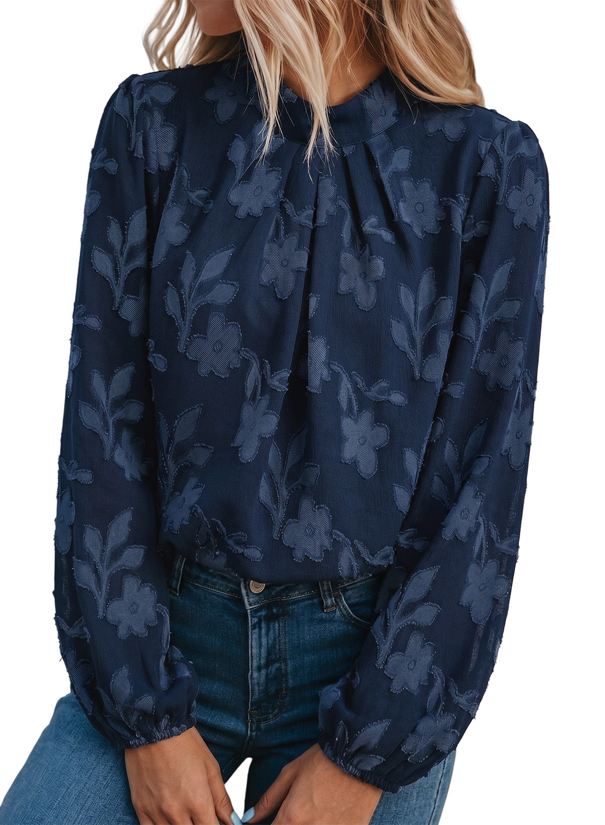 Dokotoo Womens Tops Mock Neck Pleated Floral Burnout Long Sleeve Shirts